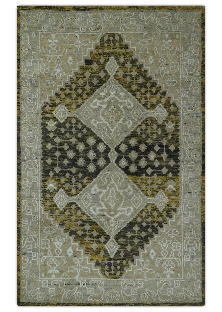 Silver, Beige, Olive and Charcoal Hand Knotted Traditional Heriz 5x8 wool Area Rug - The Rug Decor