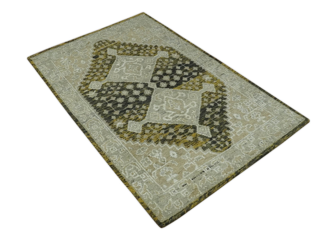 Silver, Beige, Olive and Charcoal Hand Knotted Traditional Heriz 5x8 wool Area Rug - The Rug Decor