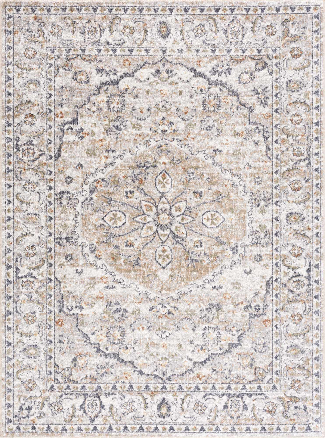 Silver, Charcoal and Beige Medallion Traditional Design Washable Area Rug - The Rug Decor
