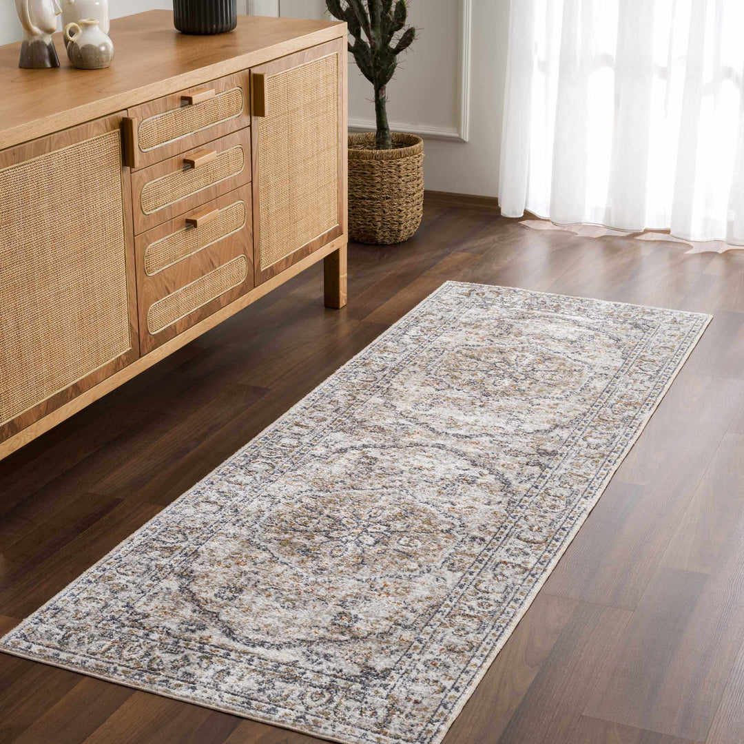 Silver, Charcoal and Beige Medallion Traditional Design Washable Area Rug - The Rug Decor
