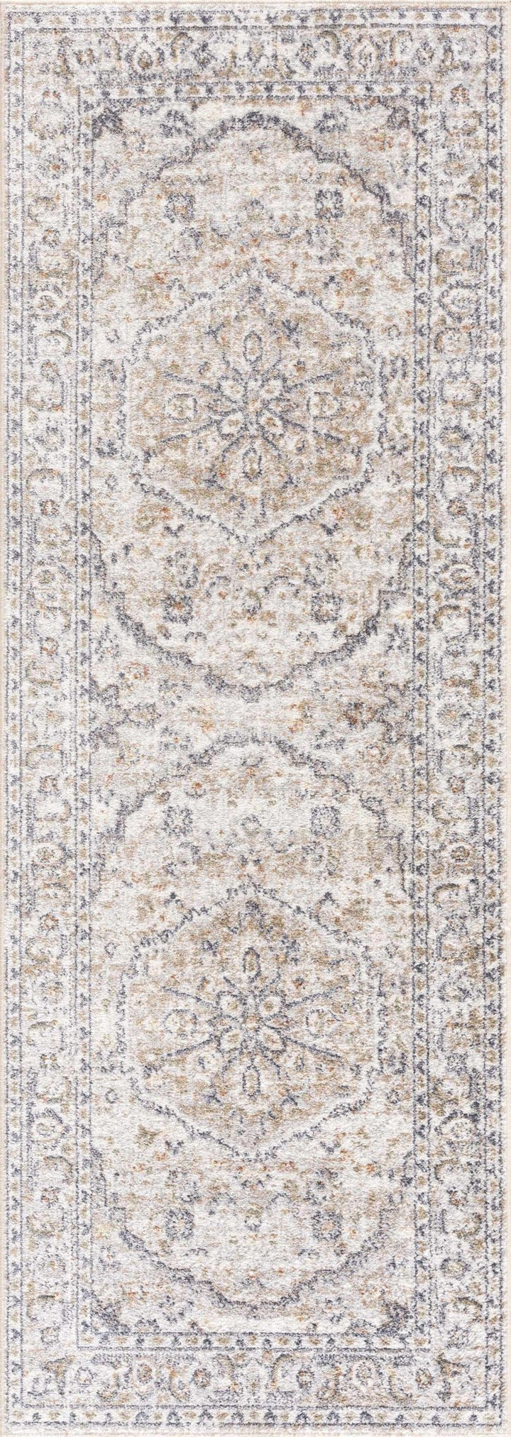 Silver, Charcoal and Beige Medallion Traditional Design Washable Area Rug - The Rug Decor