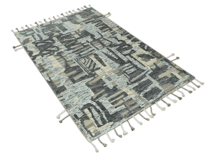Silver, Charcoal, Beige and Tan Modern abstract Carved Texture 5x8 Hand Knotted Wool Area Rug - The Rug Decor