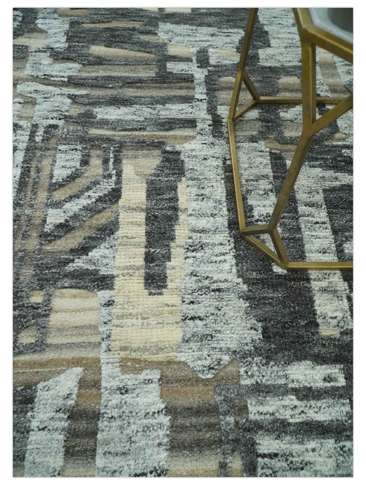 Silver, Charcoal, Beige and Tan Modern abstract Carved Texture 5x8 Hand Knotted Wool Area Rug - The Rug Decor