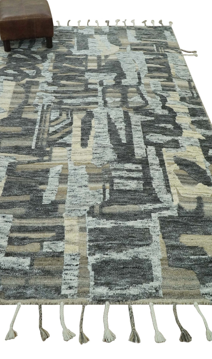 Silver, Charcoal, Beige and Tan Modern abstract Carved Texture 5x8 Hand Knotted Wool Area Rug - The Rug Decor