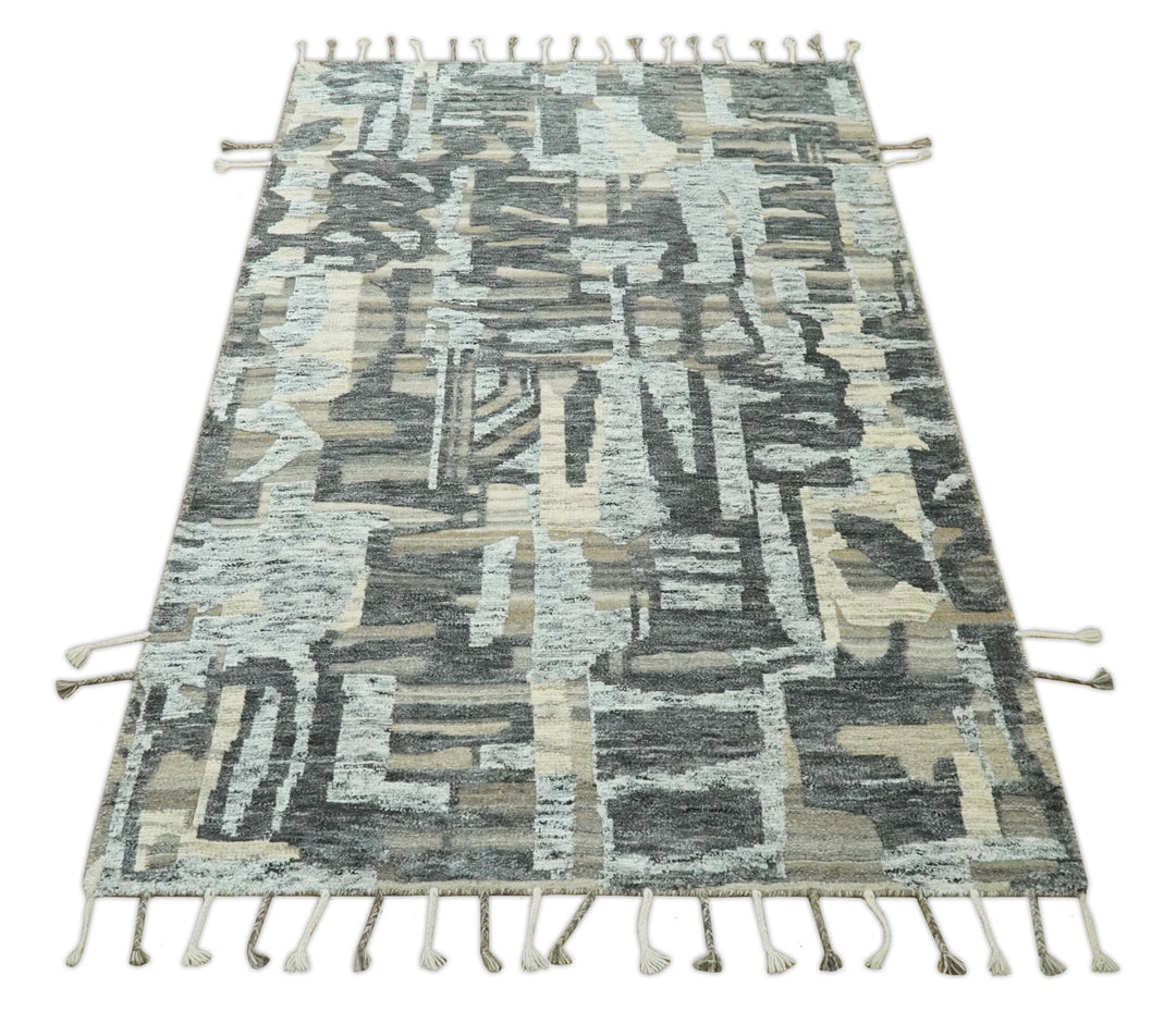 Silver, Charcoal, Beige and Tan Modern abstract Carved Texture 5x8 Hand Knotted Wool Area Rug - The Rug Decor