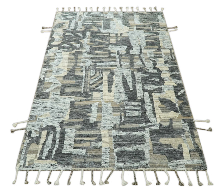 Silver, Charcoal, Beige and Tan Modern abstract Carved Texture 5x8 Hand Knotted Wool Area Rug - The Rug Decor