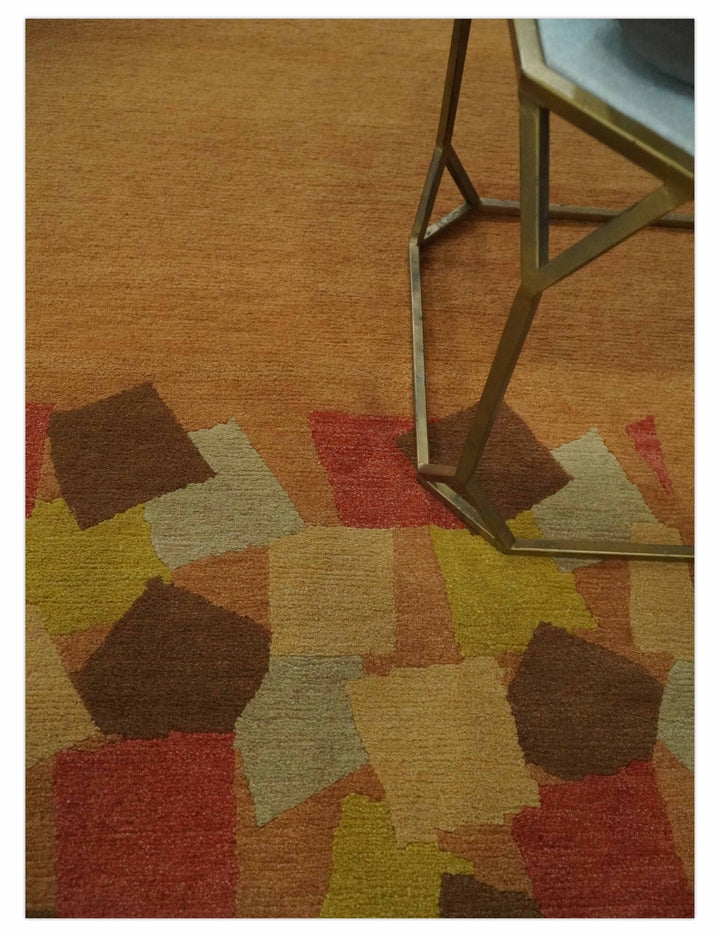 Solid Gold with Multi Color geometrical design Hand loom 4x6 Wool Area Rug - The Rug Decor