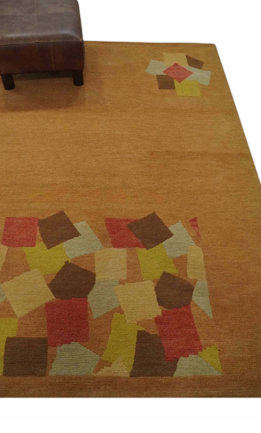 Solid Gold with Multi Color geometrical design Hand loom 4x6 Wool Area Rug - The Rug Decor