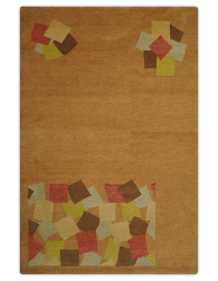 Solid Gold with Multi Color geometrical design Hand loom 4x6 Wool Area Rug - The Rug Decor
