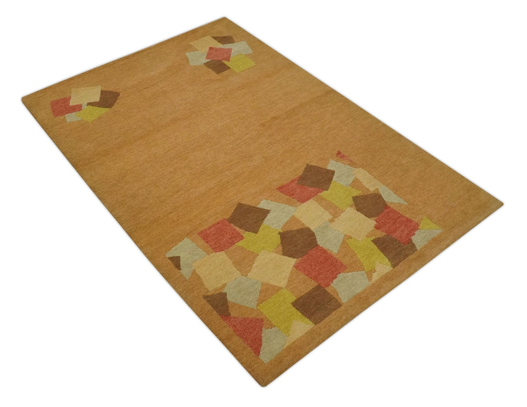 Solid Gold with Multi Color geometrical design Hand loom 4x6 Wool Area Rug - The Rug Decor
