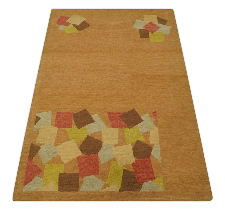 Solid Gold with Multi Color geometrical design Hand loom 4x6 Wool Area Rug - The Rug Decor