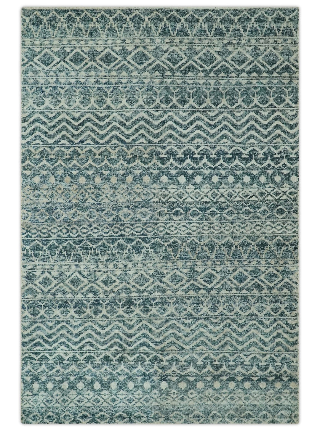 Teal and Ivory 5.6x8.6 Southwestern Tribal Trellis Recycled Art Silk Area Rug - The Rug Decor