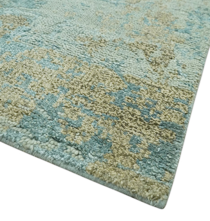 Teal and Olive Modern abstract Hand Knotted 5x8 wool area Rug - The Rug Decor