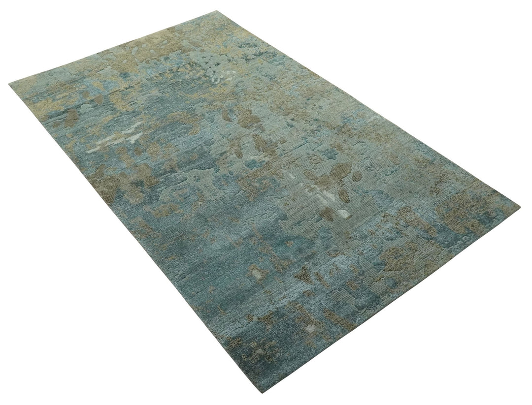 Teal and Olive Modern abstract Hand Knotted 5x8 wool area Rug - The Rug Decor