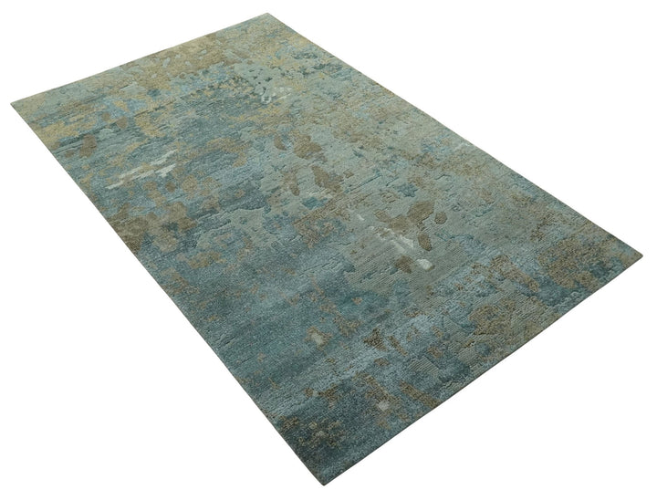 Teal and Olive Modern abstract Hand Knotted 5x8 wool area Rug - The Rug Decor
