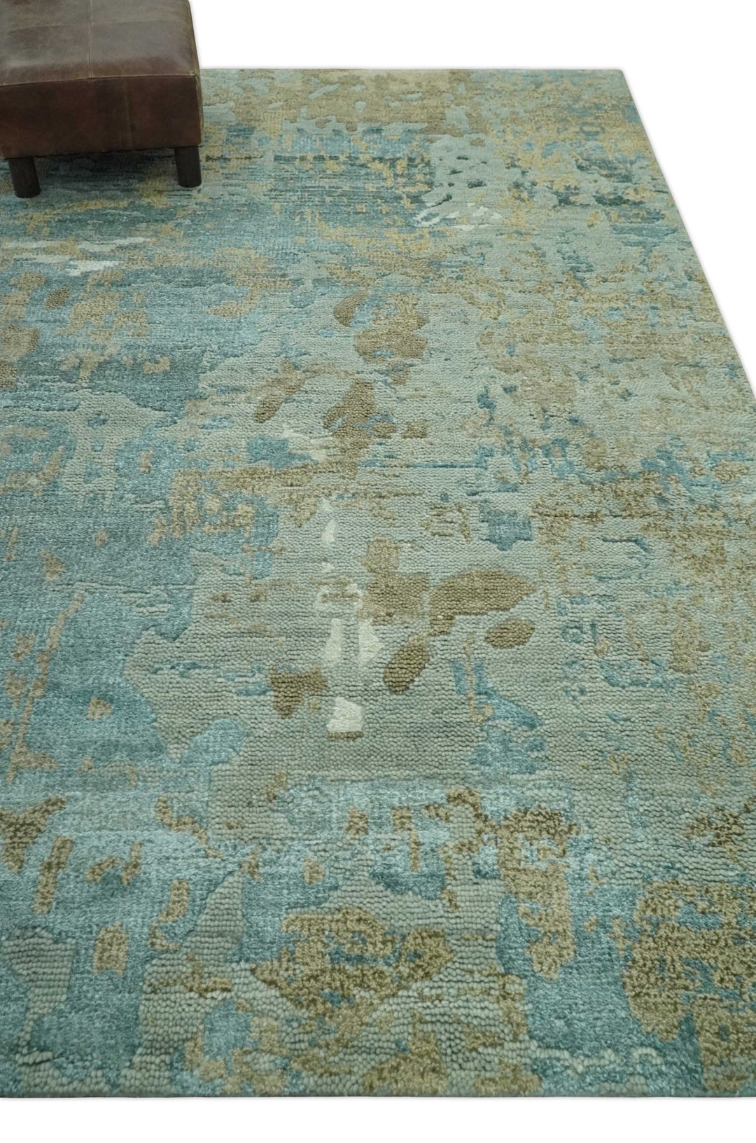 Teal and Olive Modern abstract Hand Knotted 5x8 wool area Rug - The Rug Decor