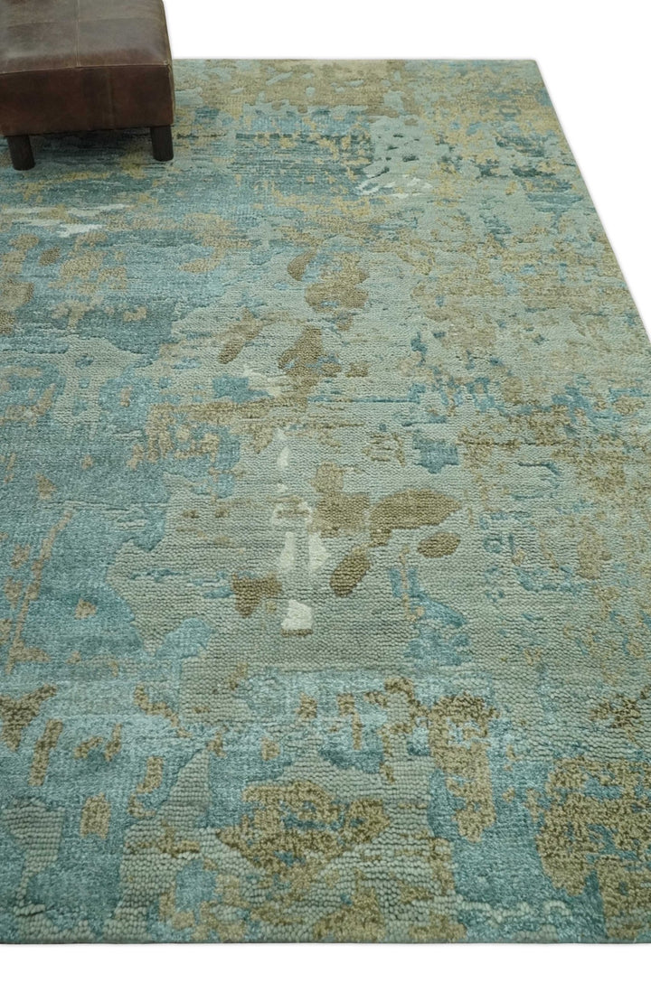 Teal and Olive Modern abstract Hand Knotted 5x8 wool area Rug - The Rug Decor
