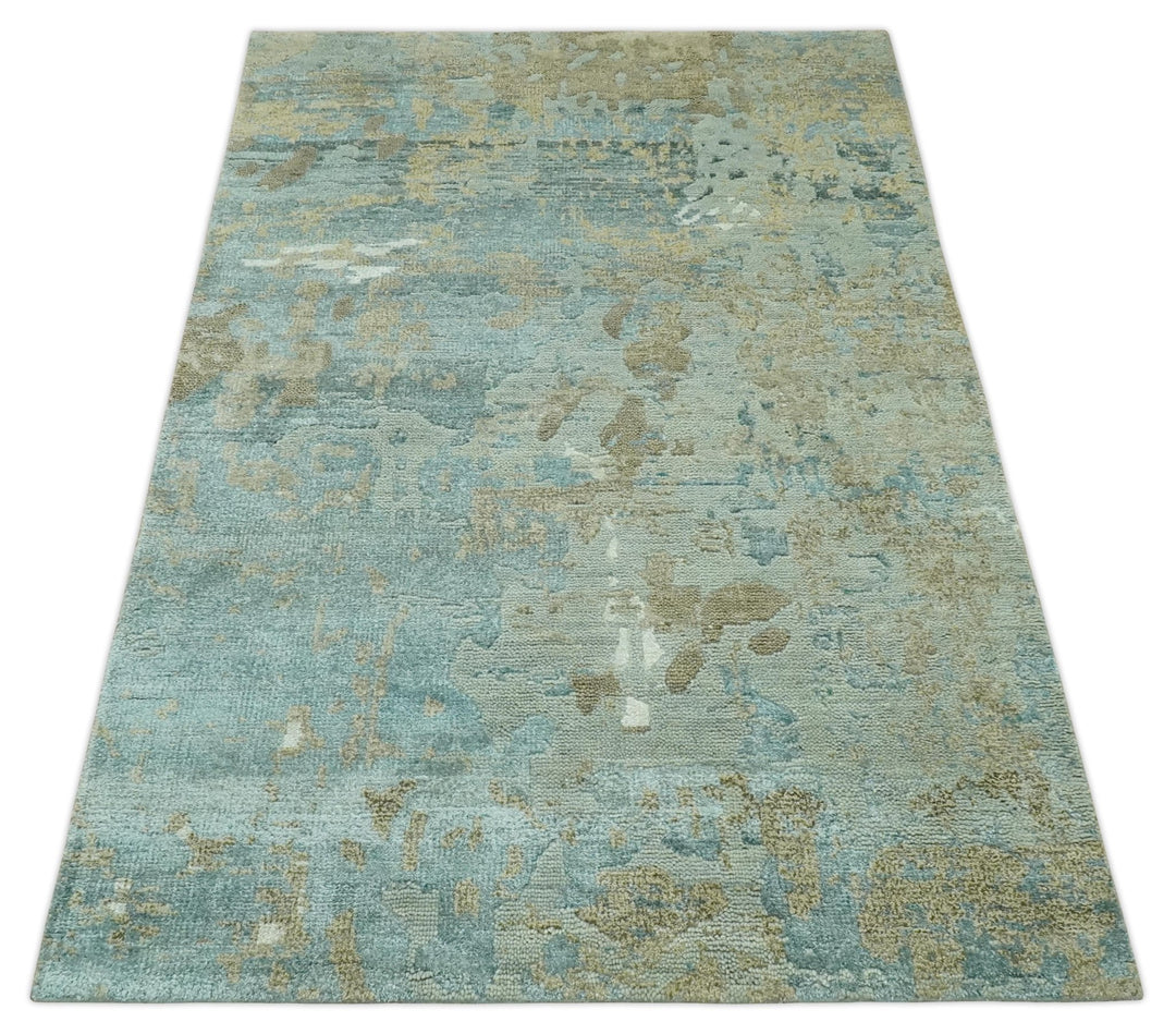 Teal and Olive Modern abstract Hand Knotted 5x8 wool area Rug - The Rug Decor