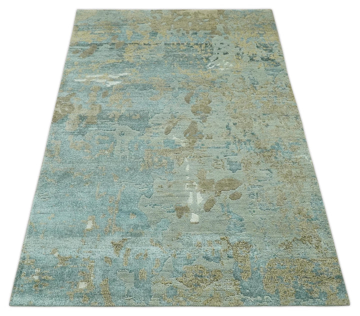 Teal and Olive Modern abstract Hand Knotted 5x8 wool area Rug - The Rug Decor