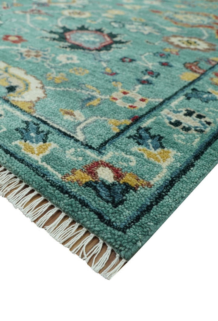 Teal And Yellow Modern Oushak Style Hand Knotted Custom Made Wool Rug - The Rug Decor