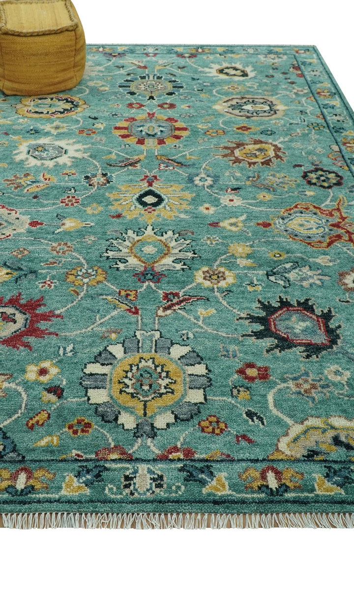 Teal And Yellow Modern Oushak Style Hand Knotted Custom Made Wool Rug - The Rug Decor