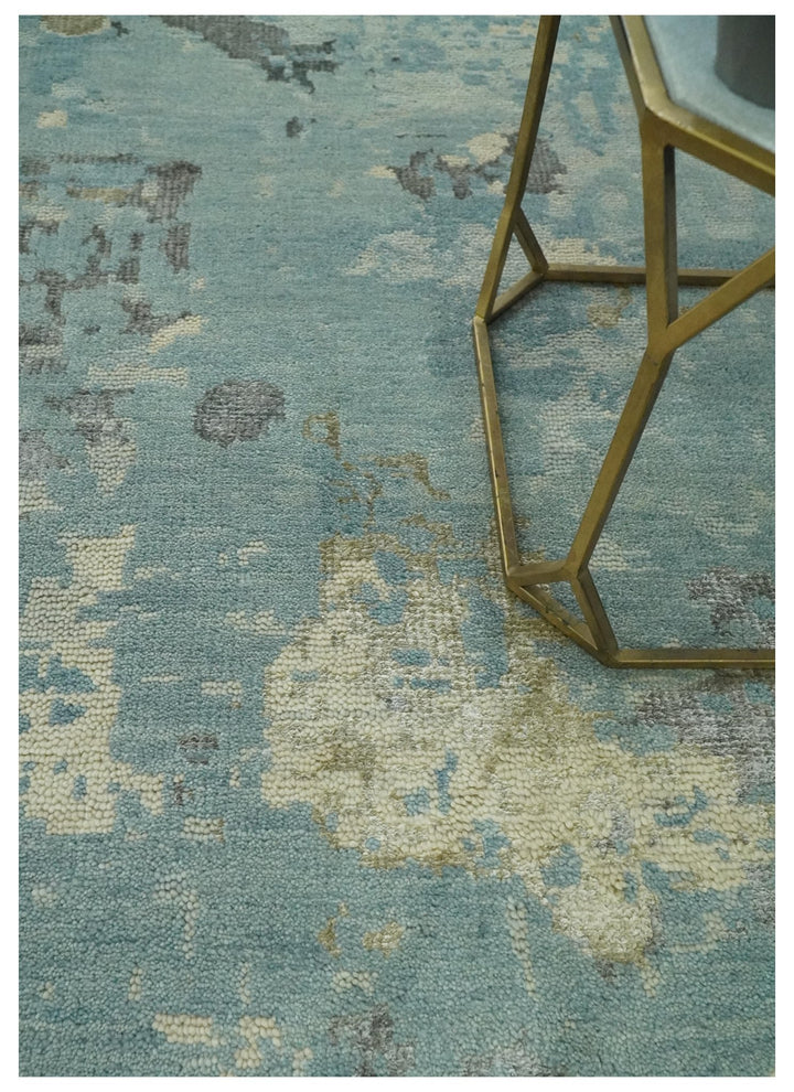 Teal, Beige, Silver and Charcoal Modern abstract Hand Knotted 5x8 wool Area Rug - The Rug Decor