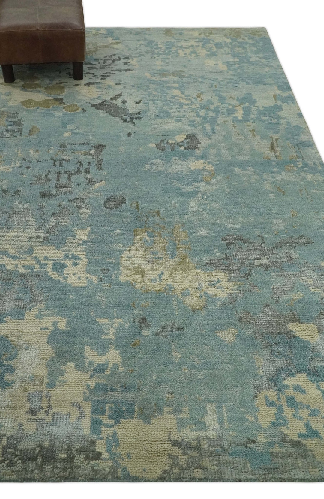 Teal, Beige, Silver and Charcoal Modern abstract Hand Knotted 5x8 wool Area Rug - The Rug Decor