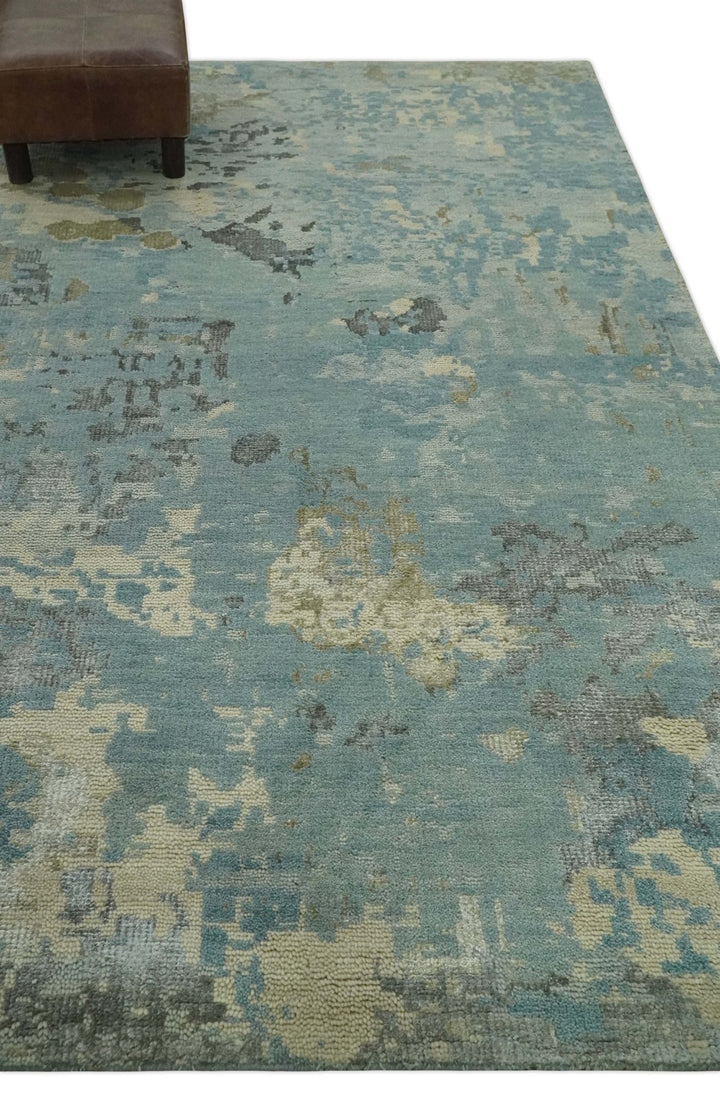 Teal, Beige, Silver and Charcoal Modern abstract Hand Knotted 5x8 wool Area Rug - The Rug Decor