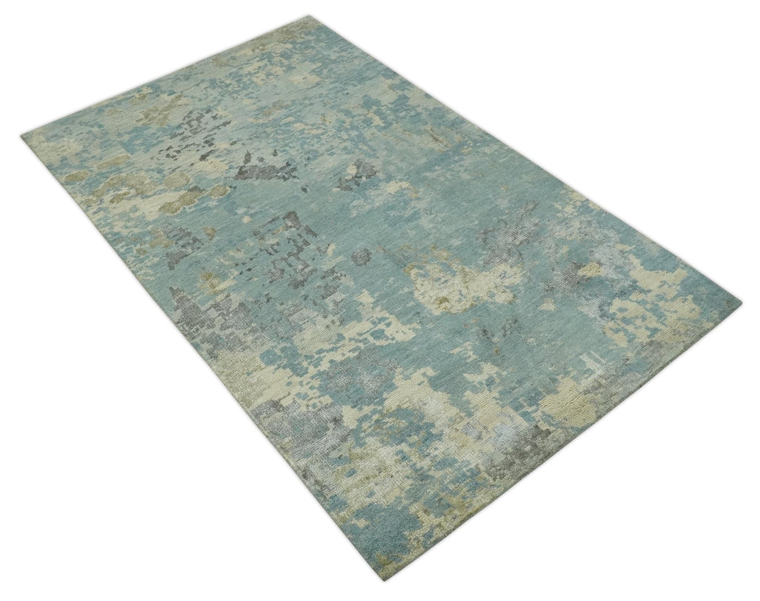 Teal, Beige, Silver and Charcoal Modern abstract Hand Knotted 5x8 wool Area Rug - The Rug Decor
