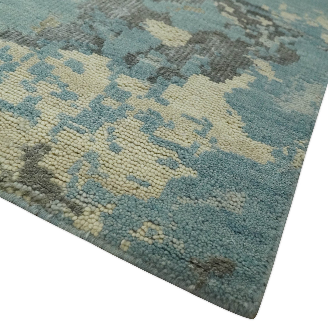 Teal, Beige, Silver and Charcoal Modern abstract Hand Knotted 5x8 wool Area Rug - The Rug Decor