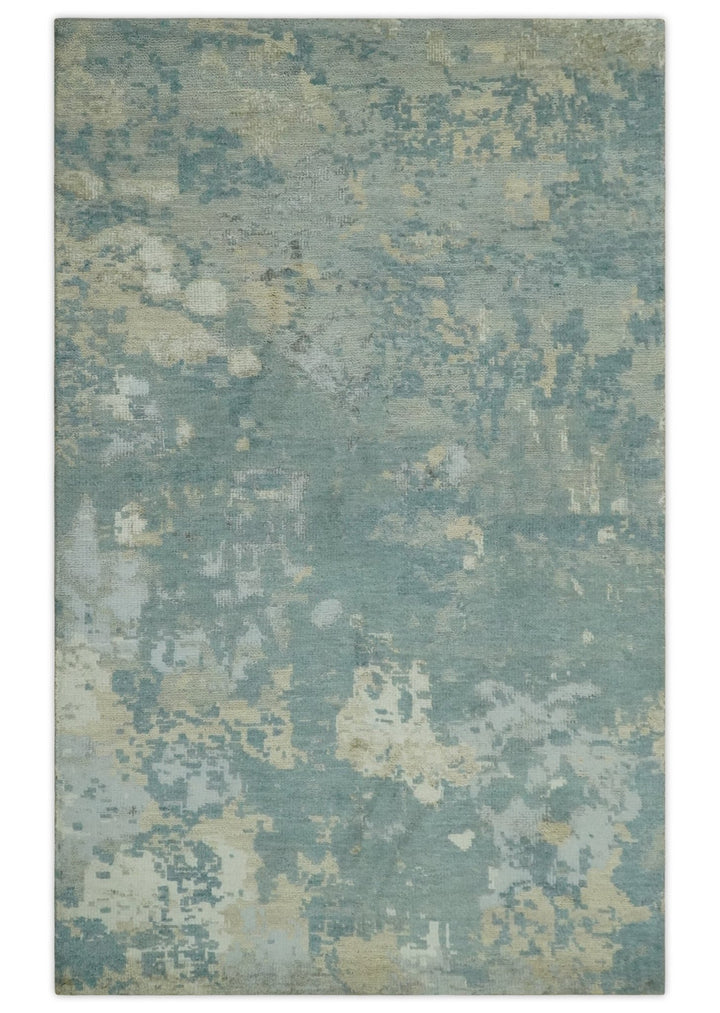 Teal, Beige, Silver and Charcoal Modern abstract Hand Knotted 5x8 wool Area Rug - The Rug Decor