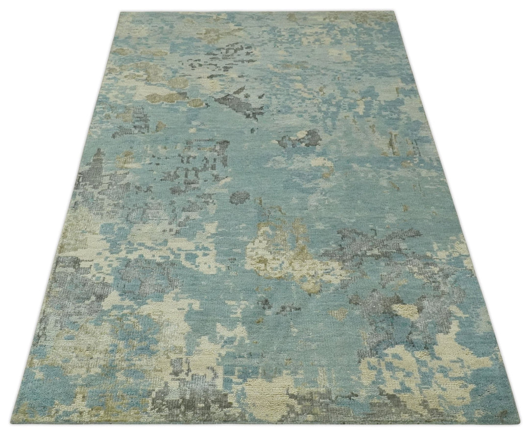 Teal, Beige, Silver and Charcoal Modern abstract Hand Knotted 5x8 wool Area Rug - The Rug Decor