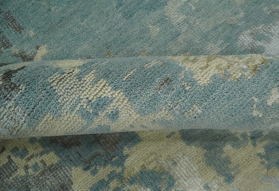 Teal, Beige, Silver and Charcoal Modern abstract Hand Knotted 5x8 wool Area Rug - The Rug Decor