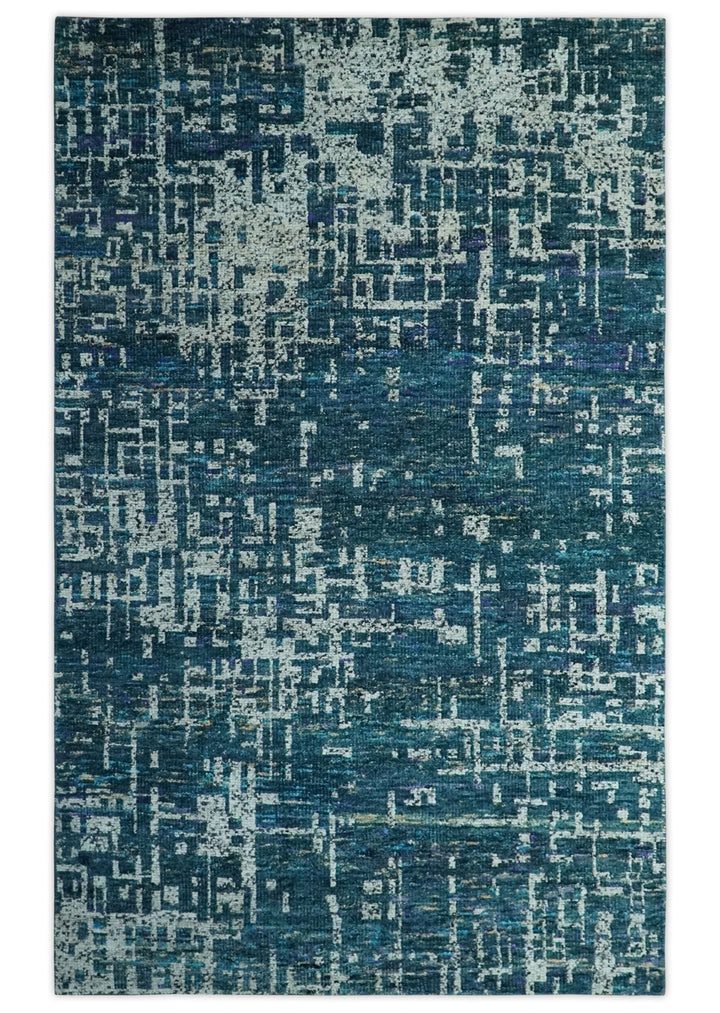 Teal, Blue and Silver 5x8 Hand Knotted Modern Abstract Art Silk Area Rug - The Rug Decor