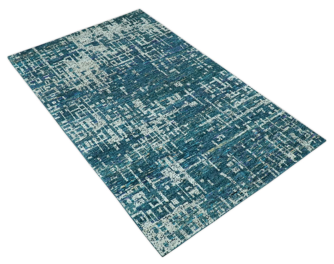 Teal, Blue and Silver 5x8 Hand Knotted Modern Abstract Art Silk Area Rug - The Rug Decor