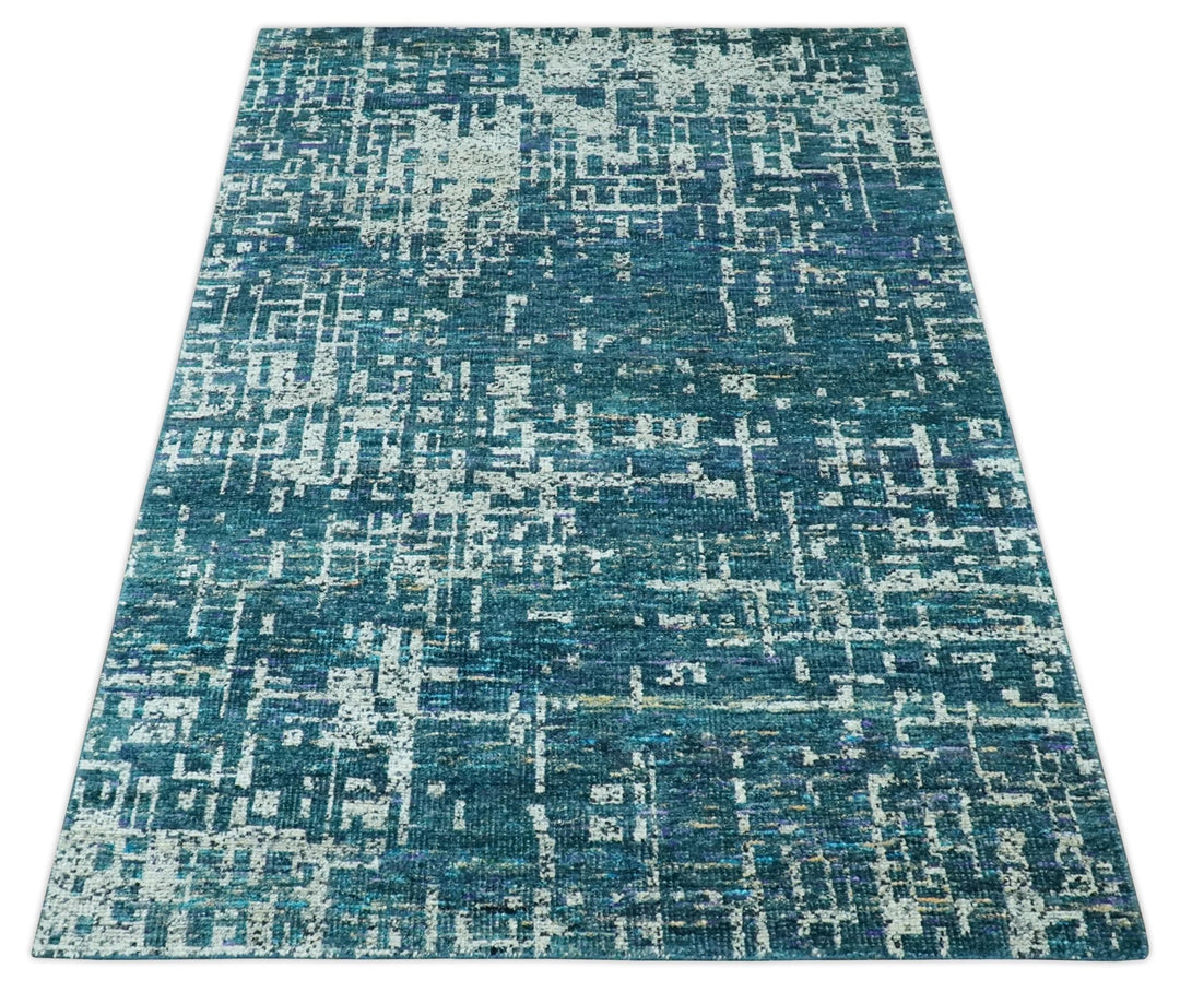 Teal, Blue and Silver 5x8 Hand Knotted Modern Abstract Art Silk Area Rug - The Rug Decor