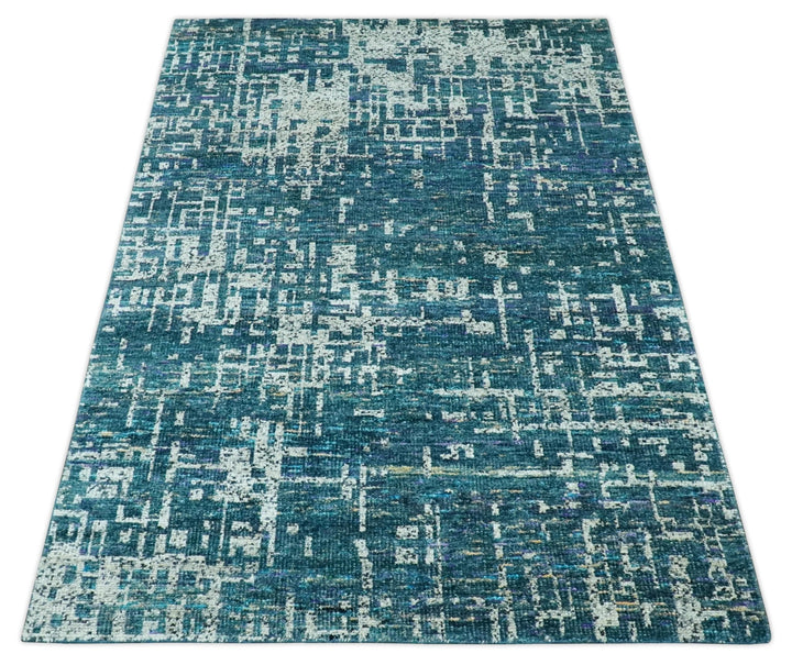 Teal, Blue and Silver 5x8 Hand Knotted Modern Abstract Art Silk Area Rug - The Rug Decor