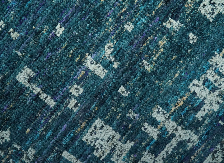 Teal, Blue and Silver 5x8 Hand Knotted Modern Abstract Art Silk Area Rug - The Rug Decor