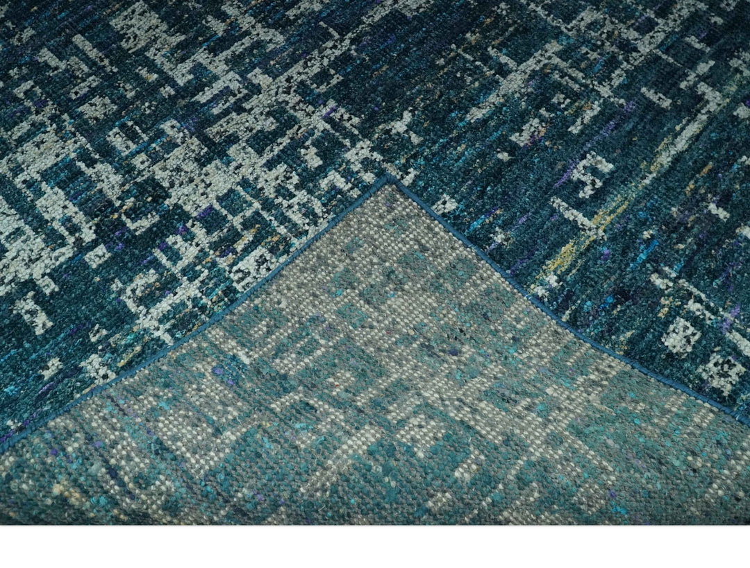 Teal, Blue and Silver 5x8 Hand Knotted Modern Abstract Art Silk Area Rug - The Rug Decor