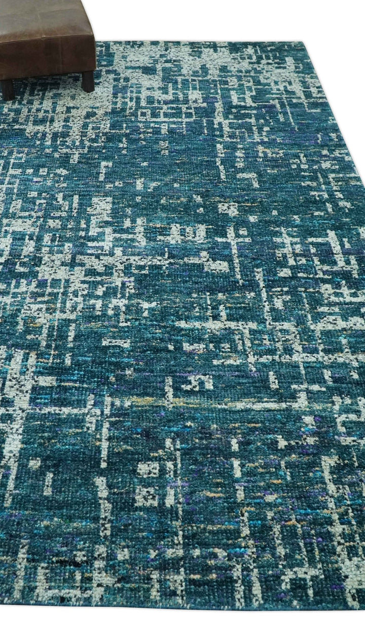 Teal, Blue and Silver 5x8 Hand Knotted Modern Abstract Art Silk Area Rug - The Rug Decor