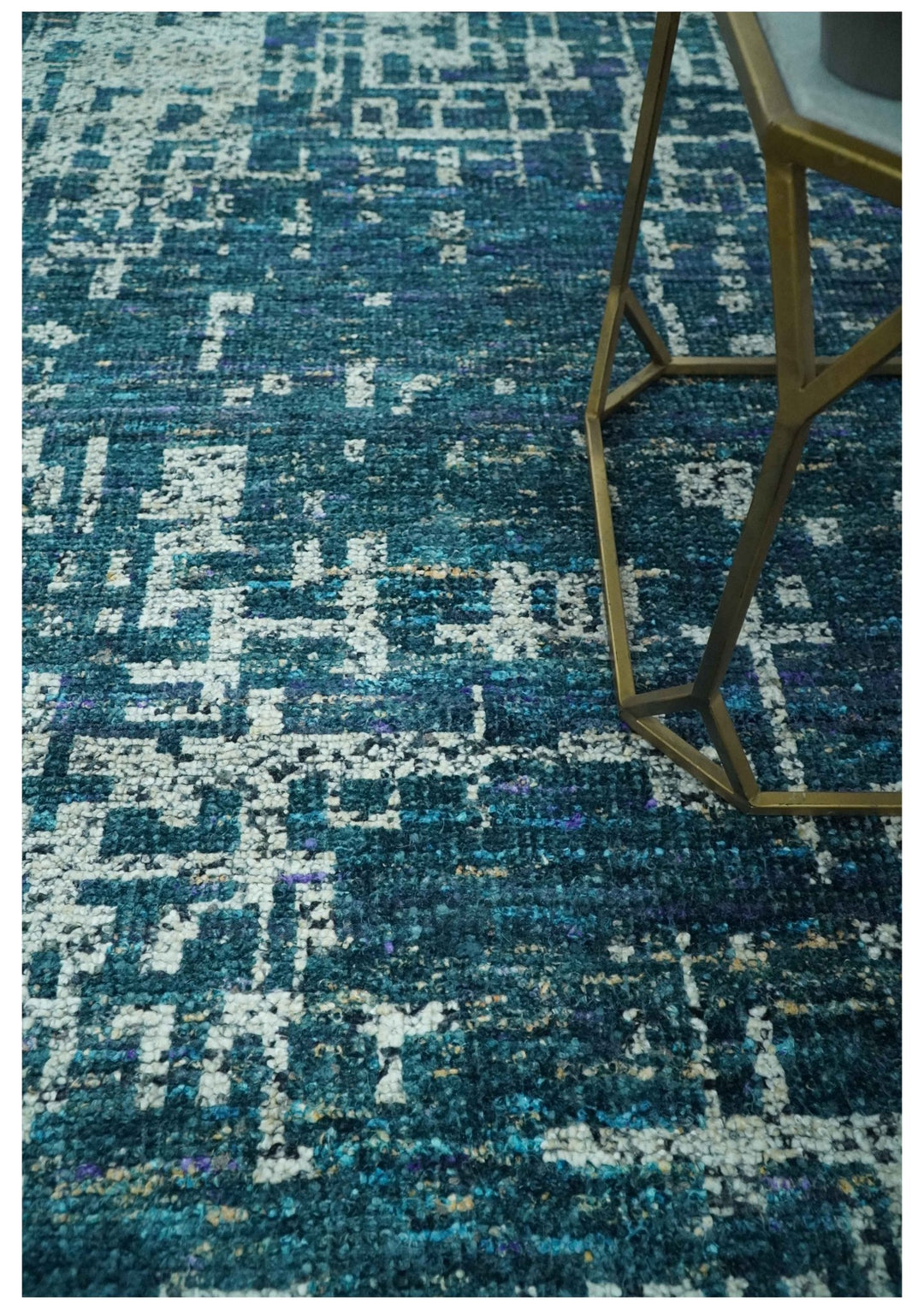 Teal, Blue and Silver 5x8 Hand Knotted Modern Abstract Art Silk Area Rug - The Rug Decor