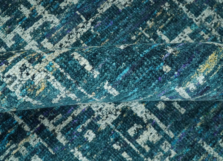 Teal, Blue and Silver 5x8 Hand Knotted Modern Abstract Art Silk Area Rug - The Rug Decor