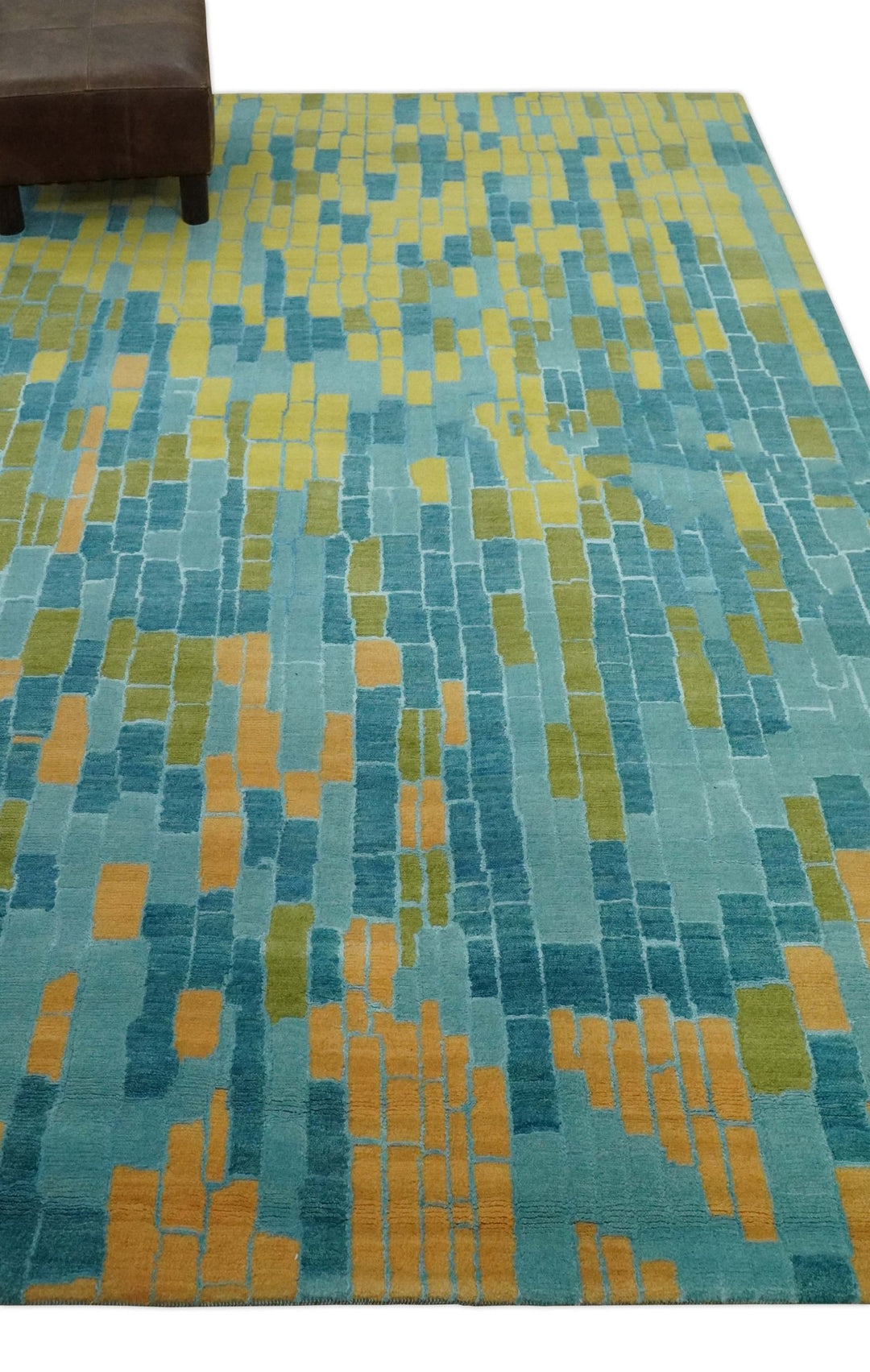Teal, Gold and Mustard Modern Geometrical Bricks Design 5.6x7.6 wool and art silk Rug - The Rug Decor