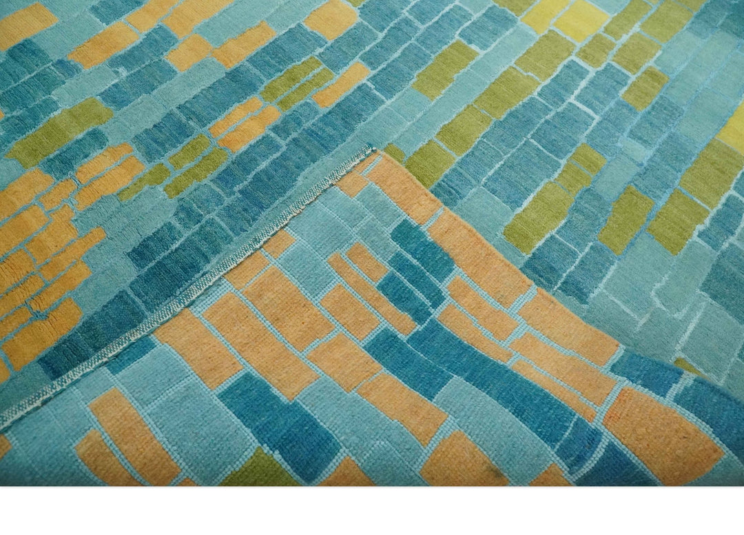 Teal, Gold and Mustard Modern Geometrical Bricks Design 5.6x7.6 wool and art silk Rug - The Rug Decor