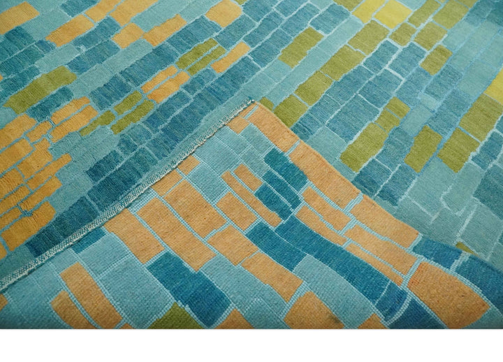 Teal, Gold and Mustard Modern Geometrical Bricks Design 5.6x7.6 wool and art silk Rug - The Rug Decor