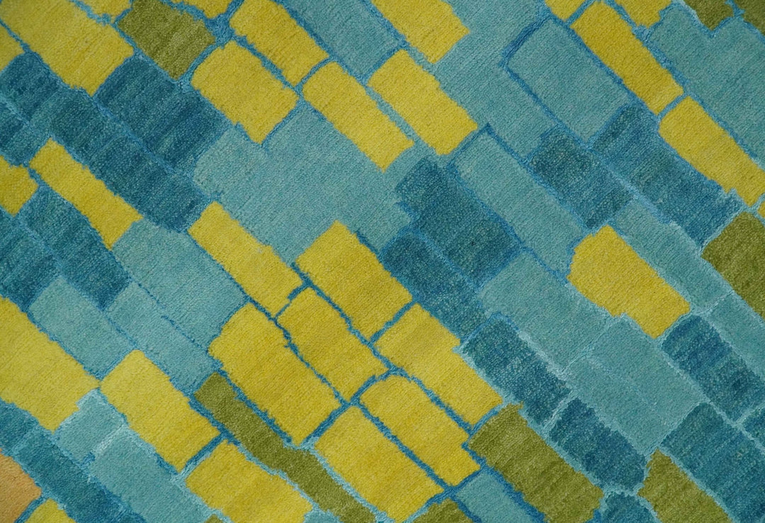 Teal, Gold and Mustard Modern Geometrical Bricks Design 5.6x7.6 wool and art silk Rug - The Rug Decor