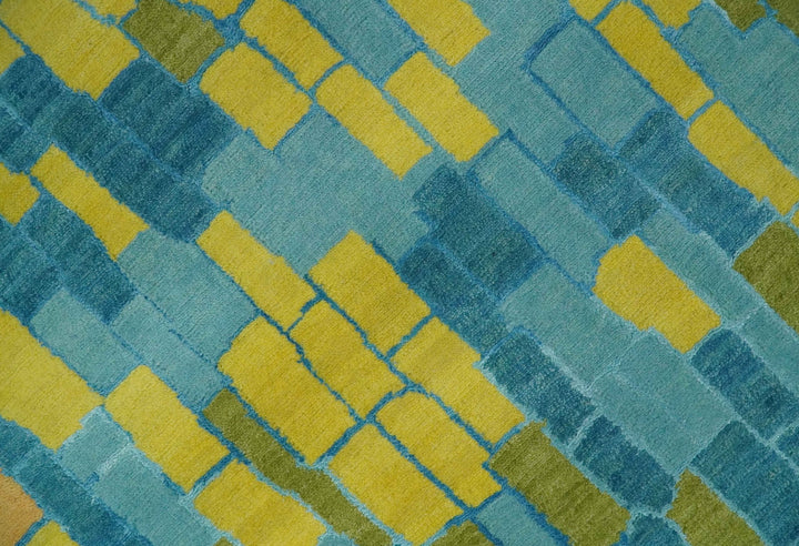 Teal, Gold and Mustard Modern Geometrical Bricks Design 5.6x7.6 wool and art silk Rug - The Rug Decor
