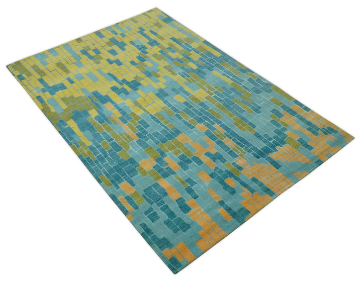 Teal, Gold and Mustard Modern Geometrical Bricks Design 5.6x7.6 wool and art silk Rug - The Rug Decor
