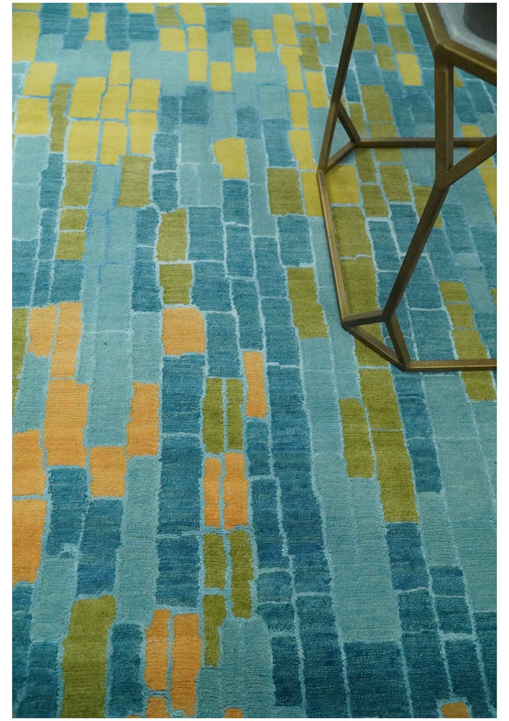Teal, Gold and Mustard Modern Geometrical Bricks Design 5.6x7.6 wool and art silk Rug - The Rug Decor