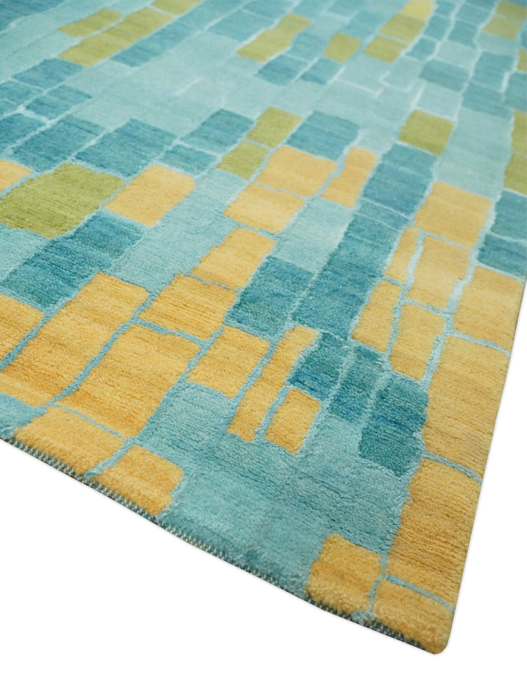 Teal, Gold and Mustard Modern Geometrical Bricks Design 5.6x7.6 wool and art silk Rug - The Rug Decor